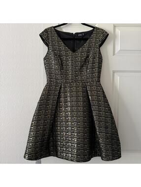 Kate Spade Saturday Black With Gold Metallic Jacquard Cap Sleeve Dress Sz 4